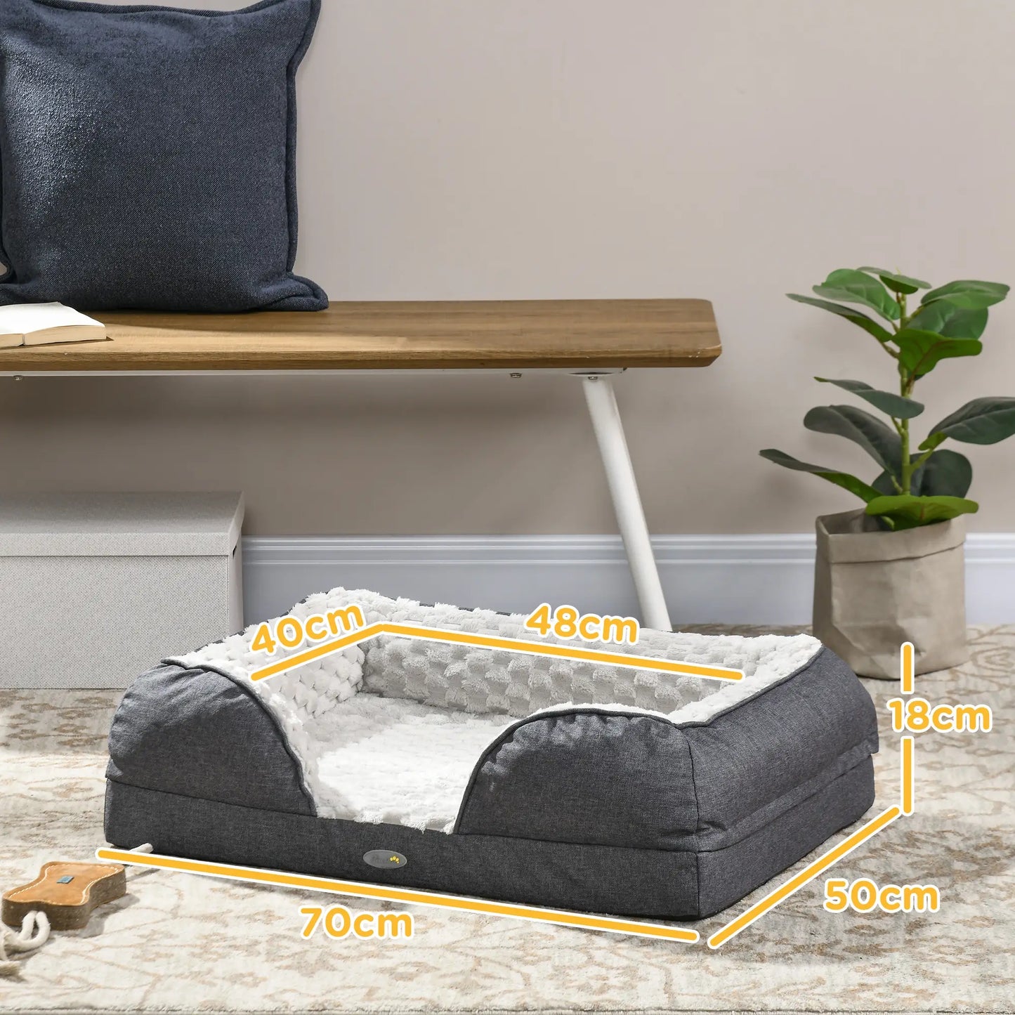 Dog Bed Pet Mattress w/ Removable Cover, Anti-Slip Bottom, for Small Dogs, 70L x 50W x 18Hcm - Charcoal Grey