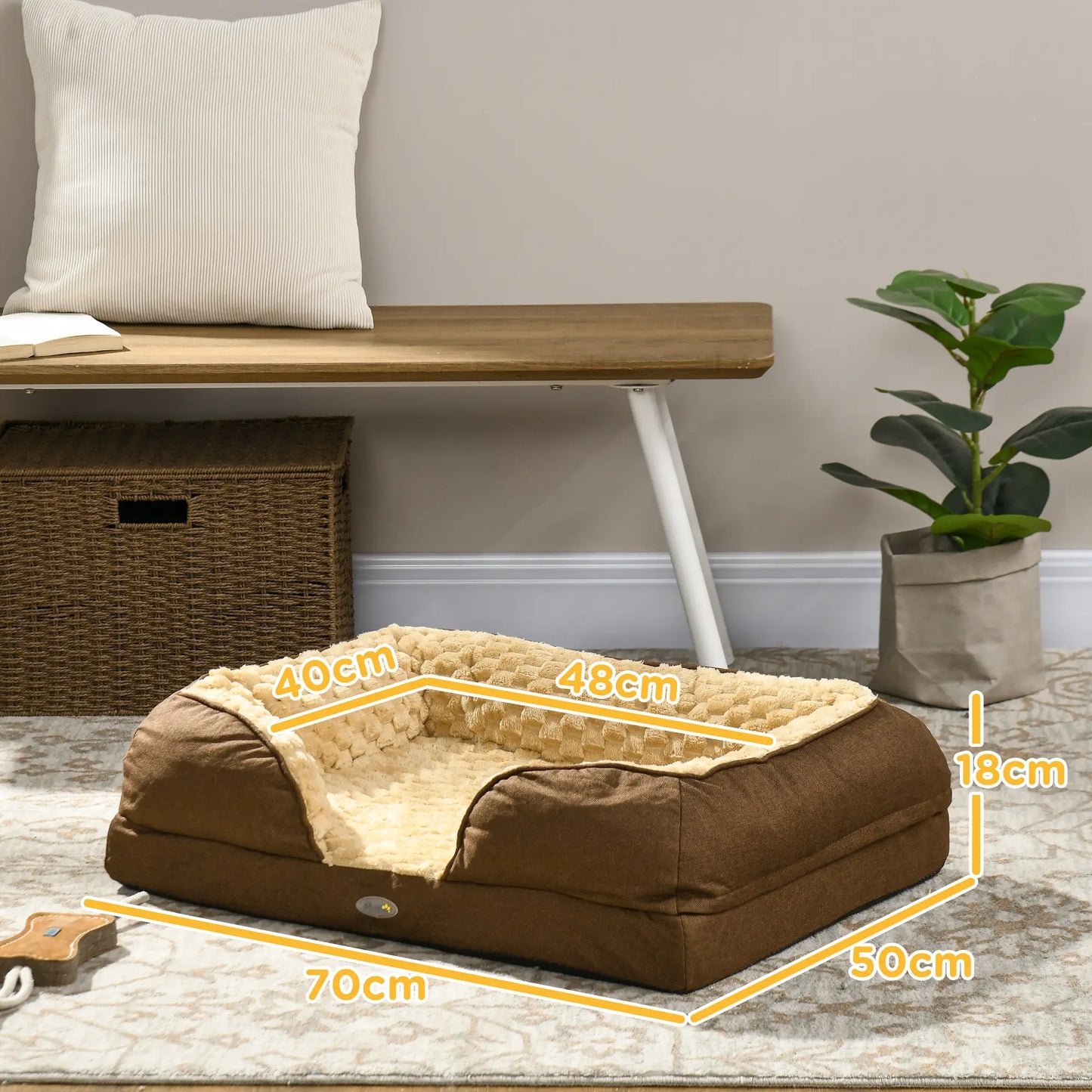 Dog Bed Pet Mattress w/ Removable Cover, Anti-Slip Bottom, for Small Dogs, 70L x 50W x 18Hcm - Brown