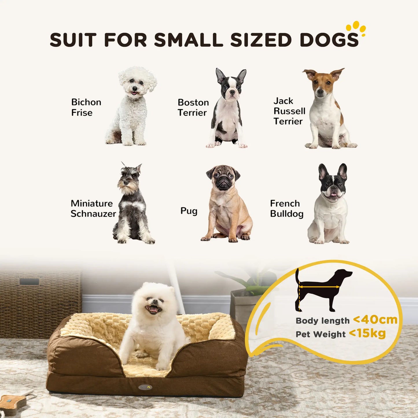 Dog Bed Pet Mattress w/ Removable Cover, Anti-Slip Bottom, for Small Dogs, 70L x 50W x 18Hcm - Brown