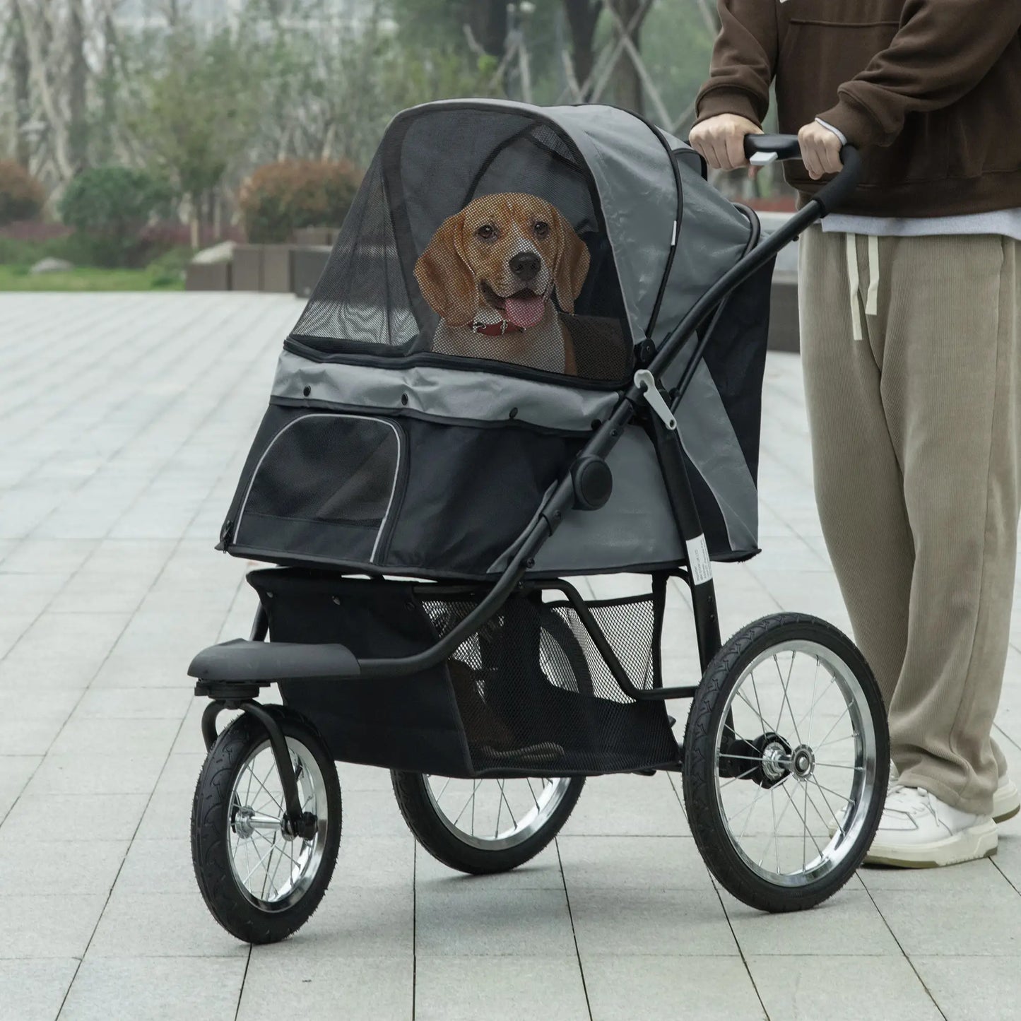 PawHut Dog Pram Dog Stroller Jogger Foldable Pet Pushchair for Medium, Small Dogs, w/ Rubber Wheels, Washable Cushion - Grey