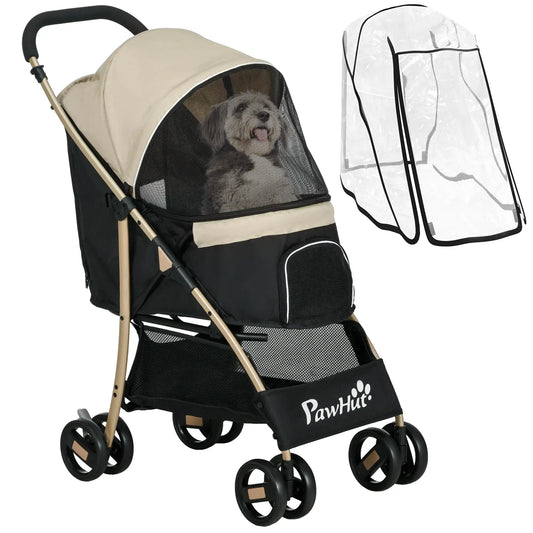 PawHut Pet Stroller for Small and Miniature Dogs, with Rain Cover - Khaki