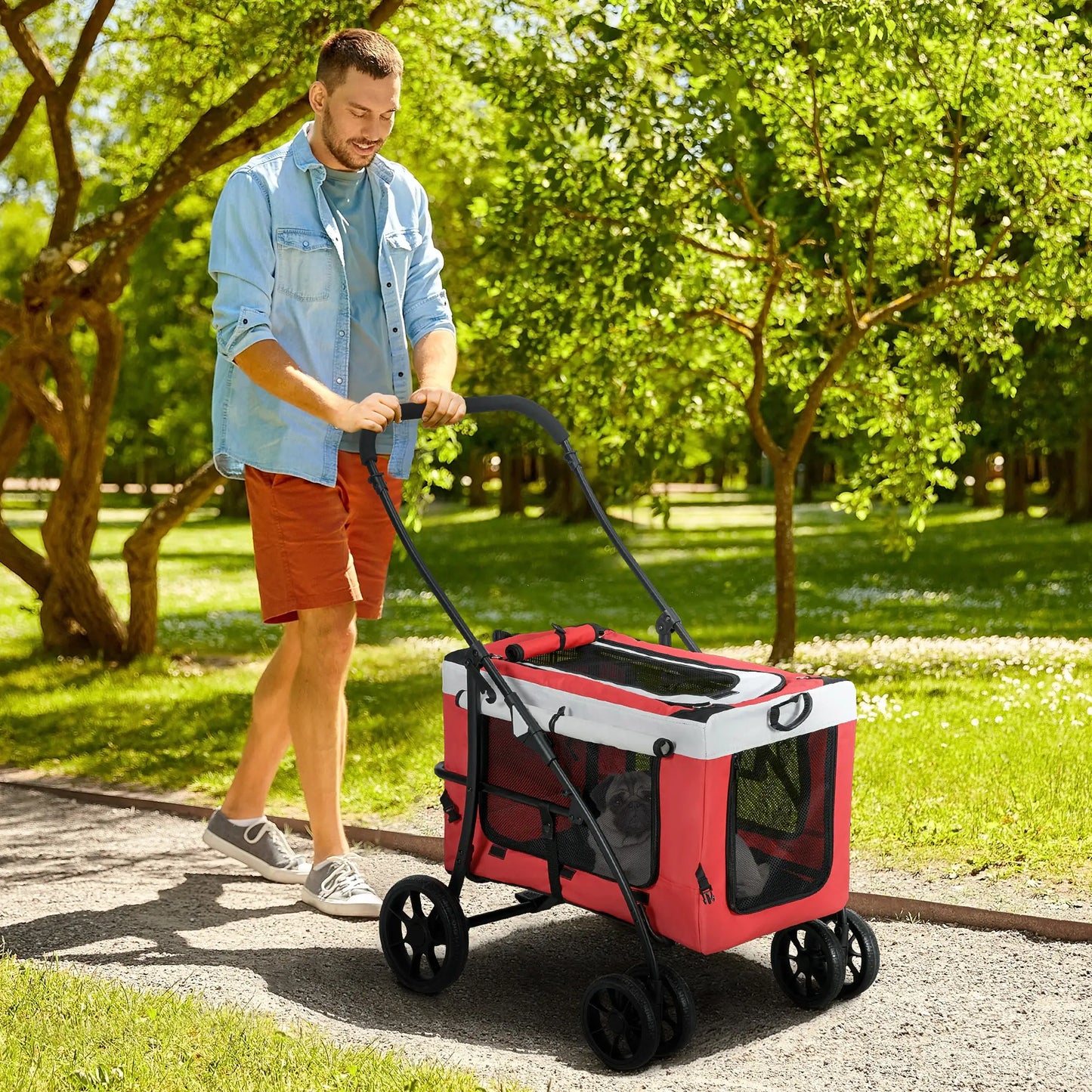 PawHut Foldable Dog Stroller, Pet Travel Crate, with Detachable Carrier, Soft Padding, for Mini, Small Dogs - Red